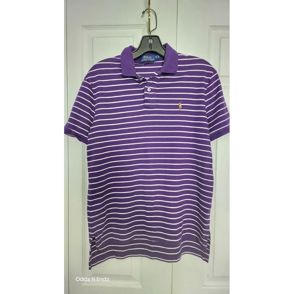 Polo Ralph Lauren Mens Purple Striped Polo Shirt M 100% Cotton Short Sleeve Clas